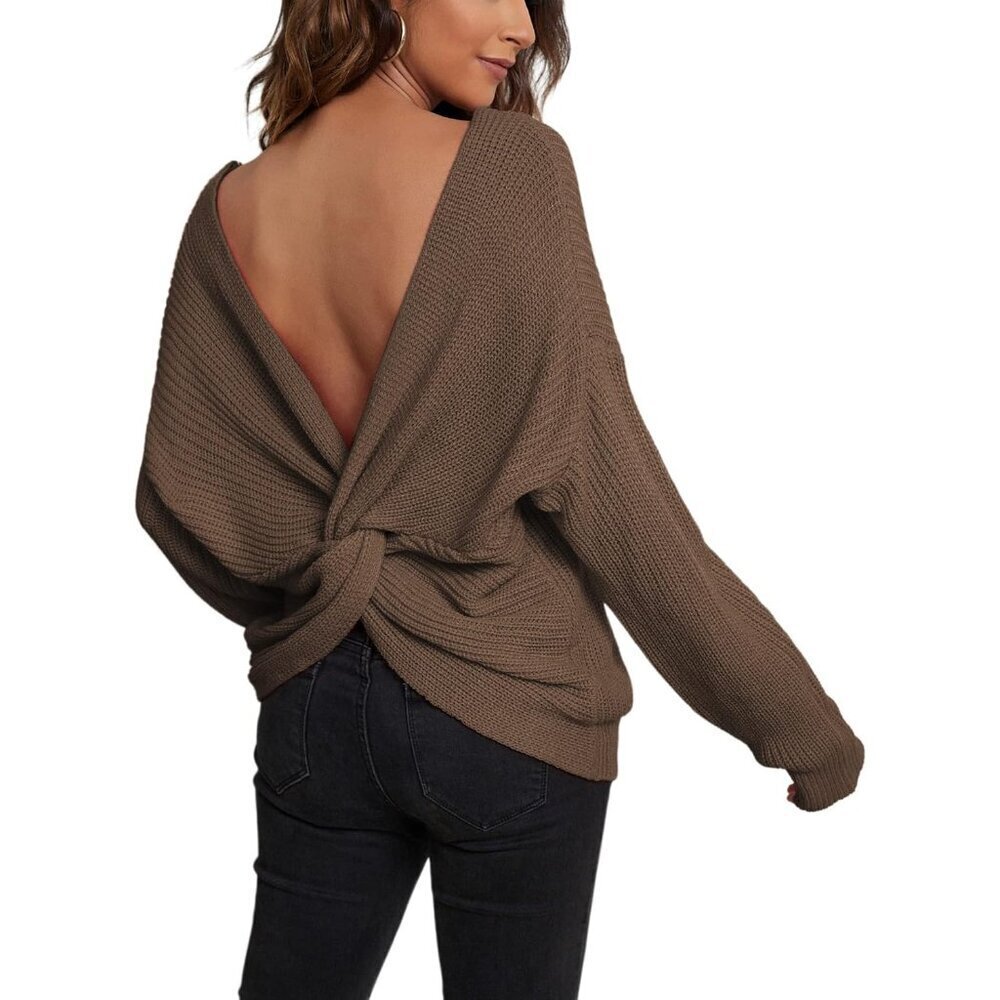 Women V Neck Cropped Sweater Knitted Long Batwing Sleeves Casual Top